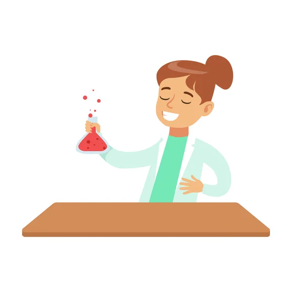 Girl Chemist Watching The Reaction In Test Tube, Kid Doing Science Research Dreaming Of Becoming Professional Scientist In The Future — Stock Vector