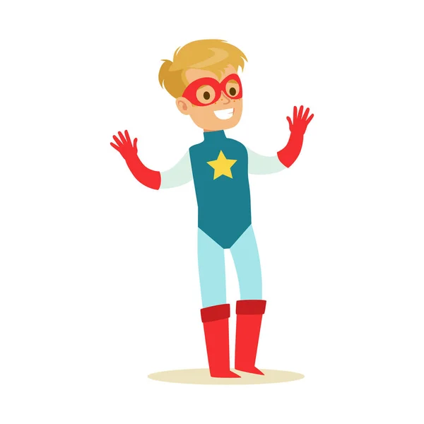 Pojke som låtsas ha superkrafter klädd i blå superhjälte kostym med stjärna och Mask leende karaktär — Stock vektor