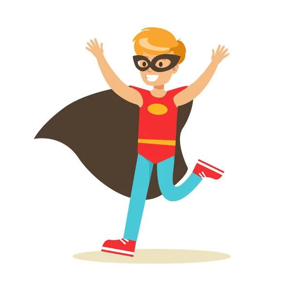 Boy Pretending To Have Super Powers Dressed In Red Superhero Costume With Black Cape And Mask Smiling Character — Stock Vector