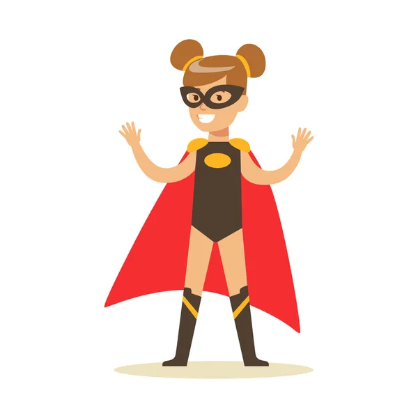 假装有身着黑色超人的超能力的女孩与红色斗篷服装和面具微笑字符 — 图库矢量图片