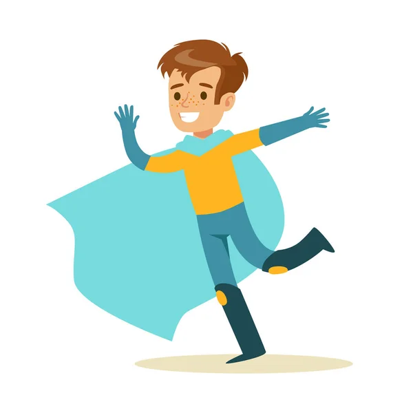 Boy Pretending To Have Super Powers Dressed In Superhero Costume With Blue Cape Running Smiling Character — Stock Vector