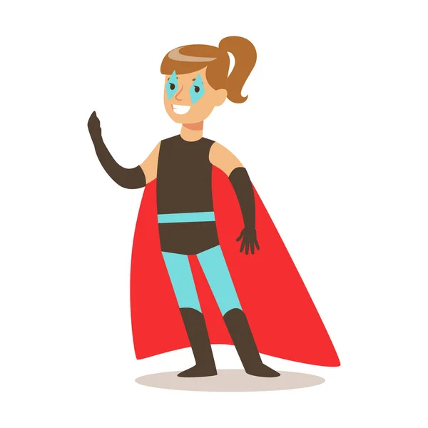 Девушка притворяется, что у нее есть суперспособности, одетая в костюм супергероя с красной накидкой и смайлик — стоковый вектор