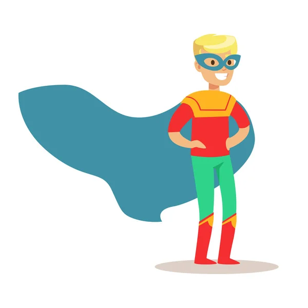 金发男孩假装有穿着超级英雄服装与蓝色斗篷和面具微笑特征的超能力 — 图库矢量图片