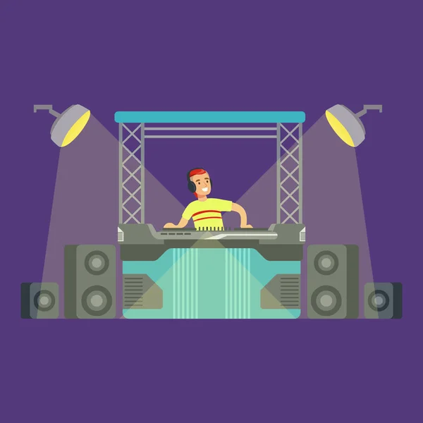 DJ en zijn Mixer apparatuur en lichtshow, deel van de mensen tijdens de nacht Club Series Of vectorillustraties — Stockvector