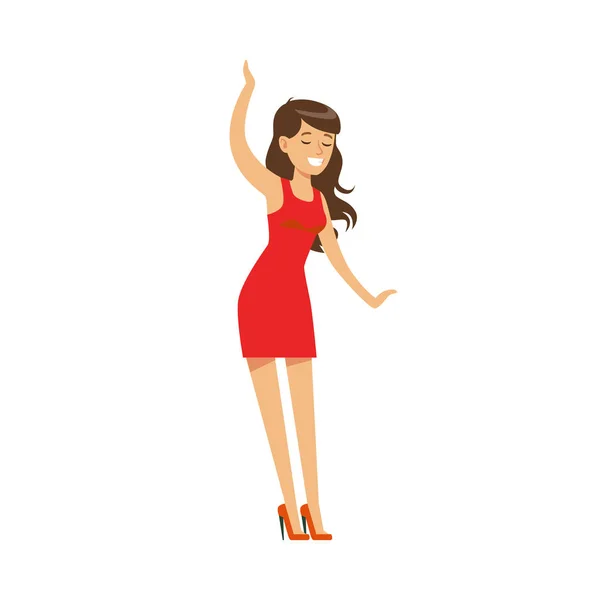 Дівчина в червоній сукні досить танці на танцпол, частина людей, у нічний клуб серії векторних ілюстрацій — стоковий вектор
