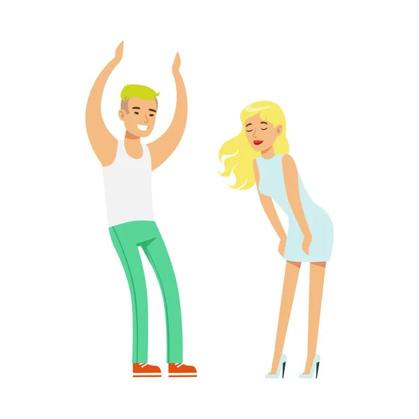 Couple blond avec fille sexy en robe blanche dansant sur la piste de danse, une partie des gens à la boîte de nuit série d'illustrations vectorielles — Image vectorielle