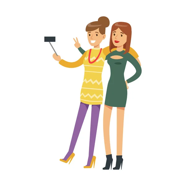 Dos novias en tacones altos tomando selfie con un palo, parte de la gente en la serie de clubes nocturnos de ilustraciones vectoriales — Vector de stock