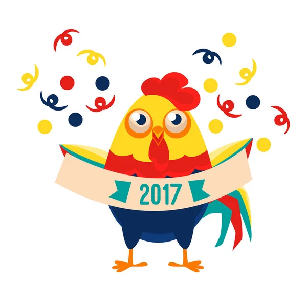 Bannière festive de personnage de bande dessinée de coq avec des confettis tombant autour, coq représentant le symbole du zodiaque chinois du nouvel an 2017 — Image vectorielle