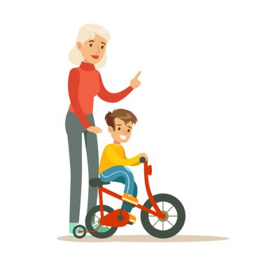 Büyükanne öğretim binmek bisiklet, dedesi torun serisi ile eğleniyor parçası için çocuk