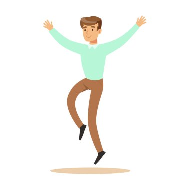 adam içinde mavi kazak bunalmış ile mutluluk ve sevinçle kendinden geçmiş, mutlu gülümseyerek çizgi film karakteri