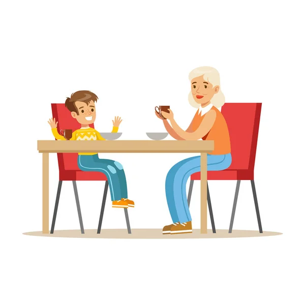 Abuela desayunando con chico, parte de abuelos divirtiéndose con nietos serie — Archivo Imágenes Vectoriales