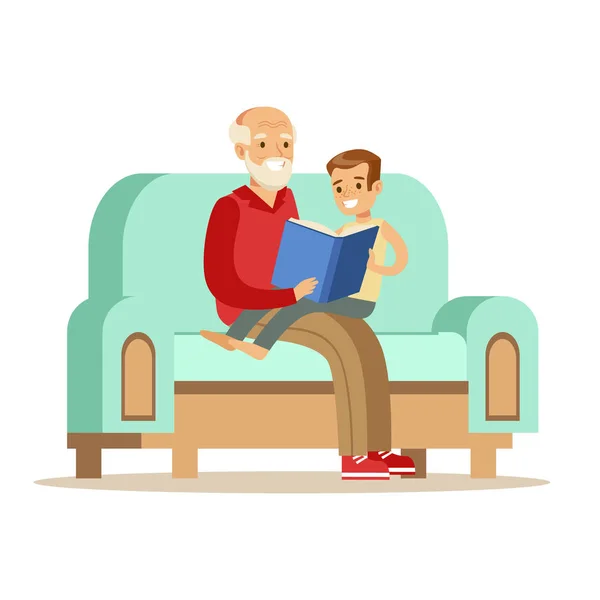 Dziadek i chłopiec czytanie książki, część zabawy z serii wnuków dziadkowie — Wektor stockowy