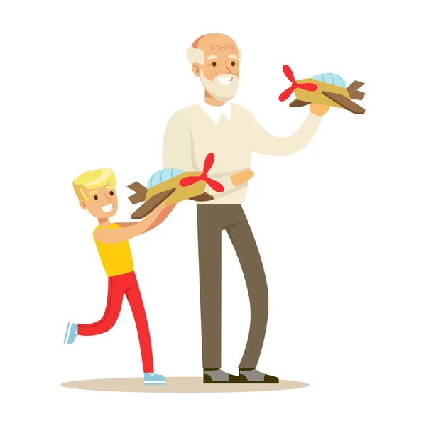 Avô e menino jogando aviões de brinquedo, parte dos avós se divertindo com os netos série —  Vetores de Stock