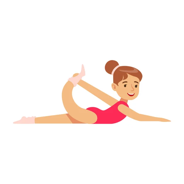 Niña en maillot rojo haciendo gimnasia estirando ejercicio en clase, futuro profesional deportivo — Vector de stock