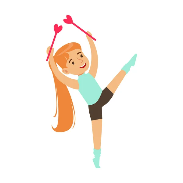 Petite fille faisant de l'exercice de gymnastique avec des appareils de clubs en classe, futur professionnel du sport — Image vectorielle