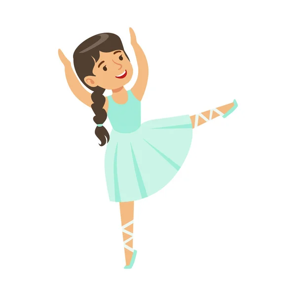 Niña en vestido azul con platina bailando ballet en clase de danza clásica, futura bailarina profesional — Archivo Imágenes Vectoriales