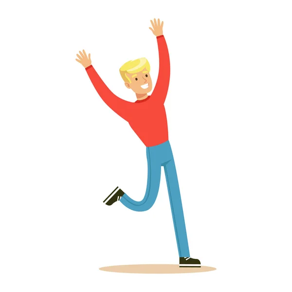 Blond Guy In Red Sweater Overwhelmed With Happiness And Joyfully Ecstatic, Happy Smiling Cartoon Character — Stock Vector