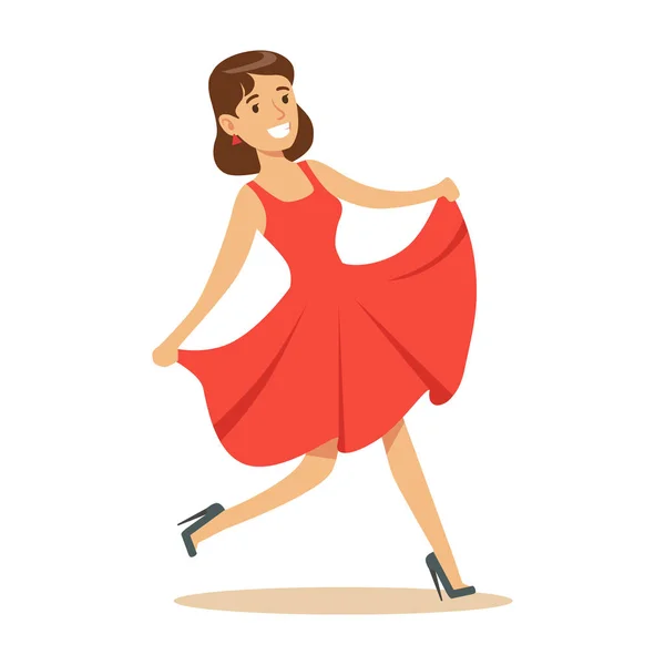 Mujer en vestido rojo de lujo abrumado por la felicidad y alegremente extático, personaje de dibujos animados sonriente feliz — Vector de stock