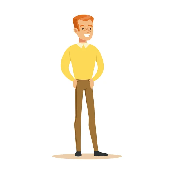 Vörös hajú srác sárga pulóver túláradó boldogság és örömmel eksztatikus, boldog mosolygó rajzfilmfigura — Stock Vector
