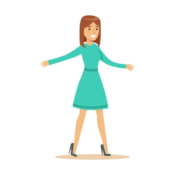 Femme en robe bleue à manches longues submergée de bonheur et joyeusement extatique, personnage de bande dessinée sourire heureux — Image vectorielle