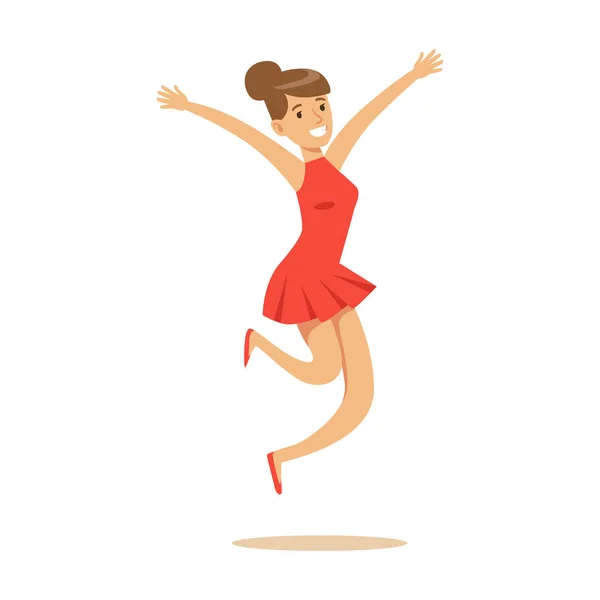 Chica en vestido corto rojo abrumado por la felicidad y alegremente extático, personaje de dibujos animados sonriente feliz — Vector de stock