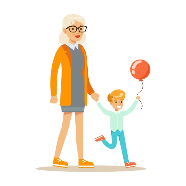 Nenek Dan Anak Dengan Balon Memegang Tangan Berjalan, Bagian Dari Kakek Memiliki Fun Dengan Cucu Seri - Stok Vektor