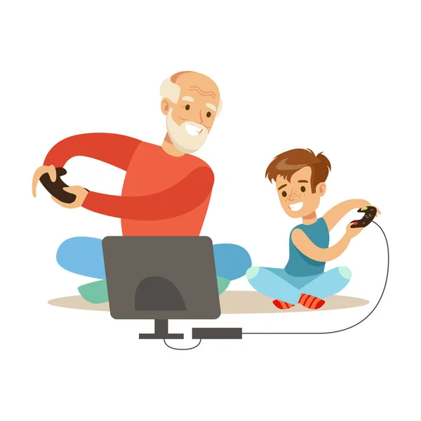 爷爷和小男孩玩视频游戏，祖父母与孙子系列乐趣的一部分 — 图库矢量图片