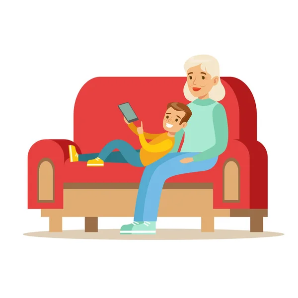 Grandmother And Boy Reading Electronic Book, Part Of Grandparents Having Fun With Grandchildren Series — Stock Vector