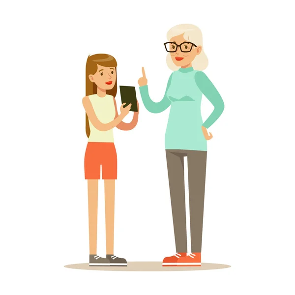 Teenage Girl Showing Tablet To Grandmother, Part Of Grandparents Having Fun With Grandchildren Series — Stock Vector