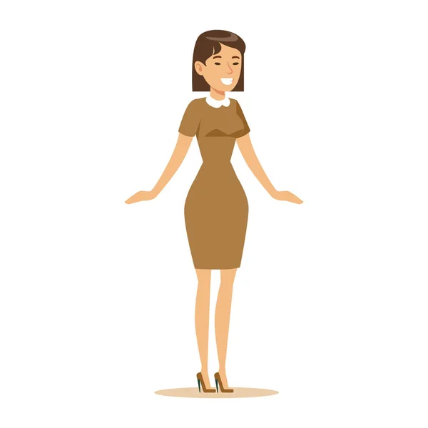 Donna in abito marrone sopraffatta dalla felicità e gioiosamente estatica, felice personaggio dei cartoni animati sorridente — Vettoriale Stock