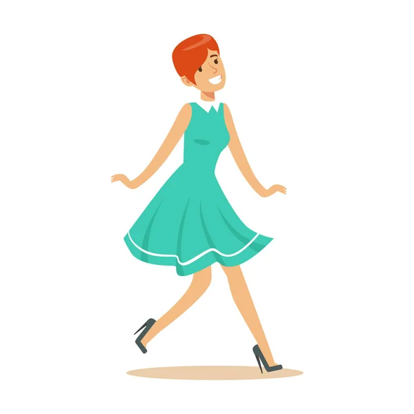 Chica en vestido azul abrumado con felicidad y alegremente extático, personaje de dibujos animados sonriente feliz — Archivo Imágenes Vectoriales
