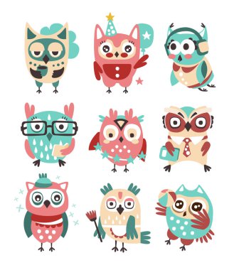 Stilize tasarım baykuşlar Emoji çıkartma koleksiyonu karikatür çocuksu vektör karakter Funky elemanları ile