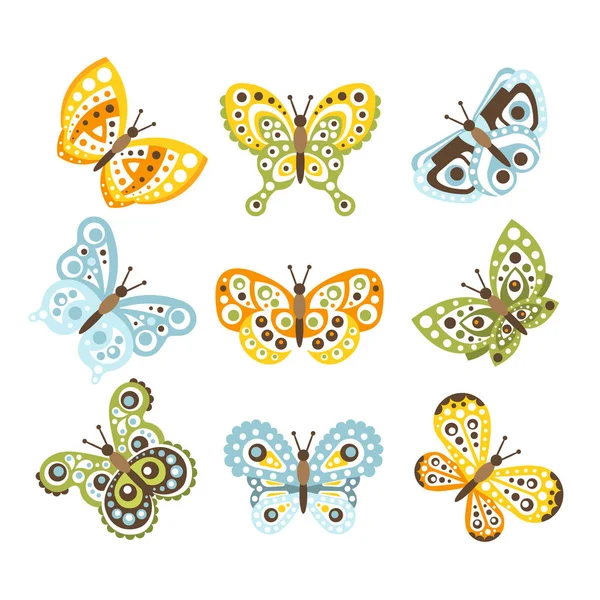 Fantastica farfalla tropicale con modelli di design funky sulle ali Set di disegni di insetti creativi — Vettoriale Stock