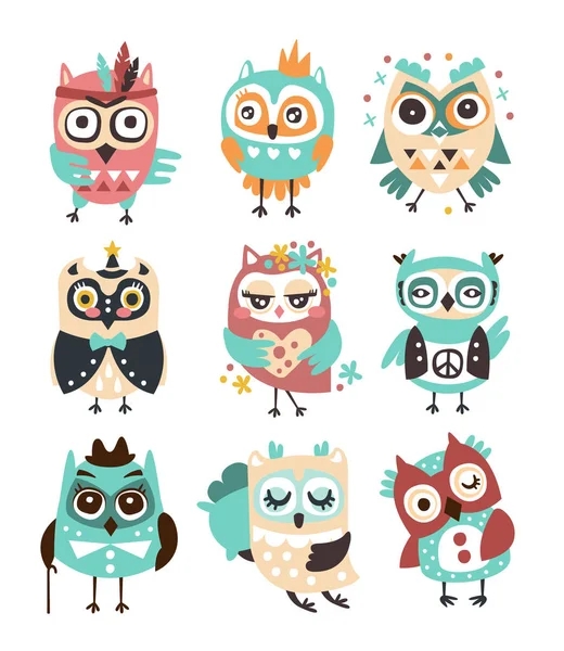 Projekt stylizowane sowy naklejki Emoji zestaw dziecinna wektor kreskówek z elementami Funky — Wektor stockowy