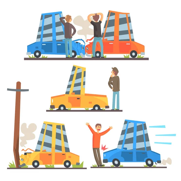 Incidente stradale con conseguente serie di danni al trasporto di illustrazioni di cartoni animati stilizzati — Vettoriale Stock