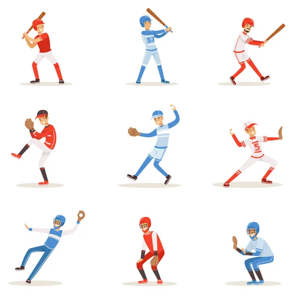 Giocatori professionisti di baseball di lega sul campo che giocano a baseball, sportivi in uniforme insieme di illustrazioni vettoriali . — Vettoriale Stock