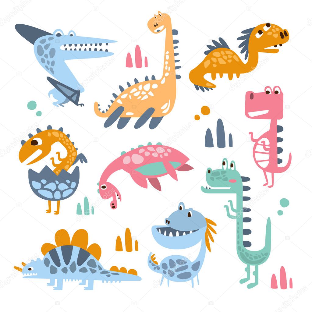 Funky Stylized Dinosaurs Real Species And Imaginary Jurassic Reptiles Collection Of Colorful Childish Prints
