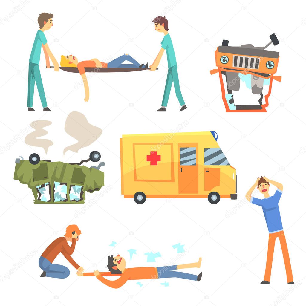 Car Road Accident Resulting In People Health Damage And Ambulance Helping The Victims Set Of Stylized Cartoon Illustrations