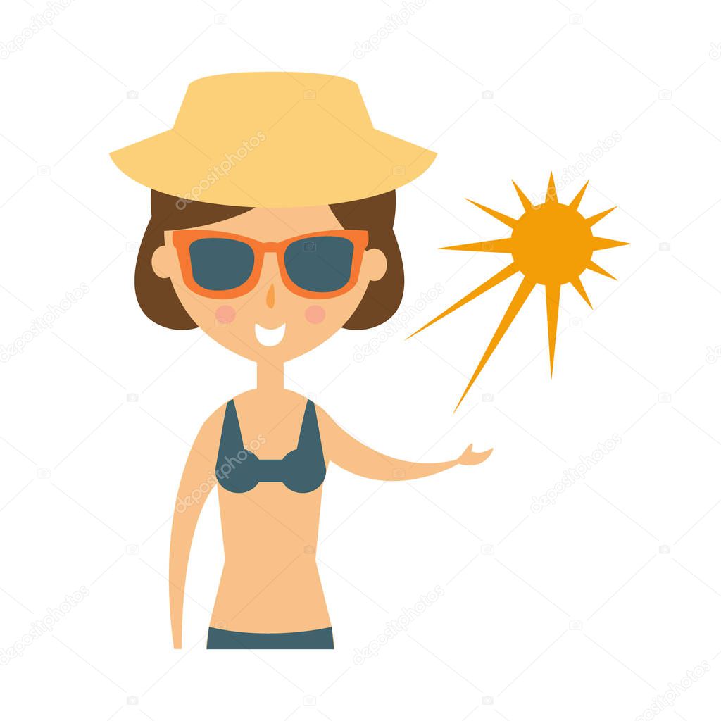 Woman Posing With Sun On Her Palm In Shades And Straw Hat, Part Of Summer Beach Vacation Series Of Illustrations