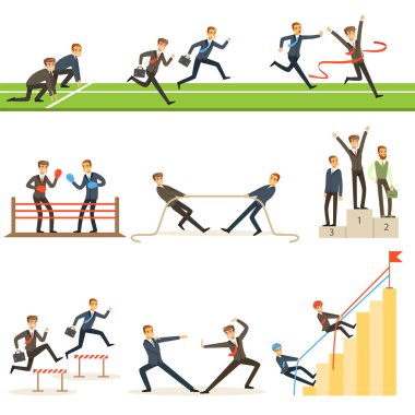 Resimler çalıştıran ve sporda yarışan işadamı ile iş rekabeti ayarla