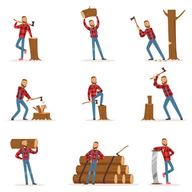 Classic American Lumberjack In Checkered Shirt Working Cutting And Chopping Wood With Cleaver And A Saw clipart