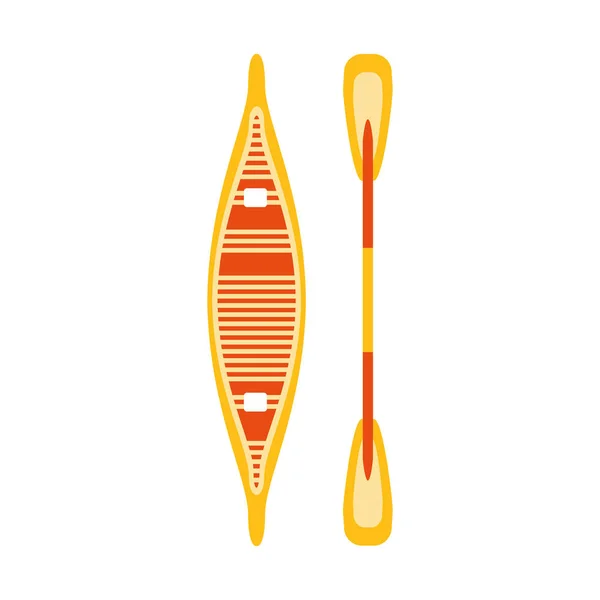 Gelbes und rotes Holzkanu mit Hausierer, Teil der Boots- und Wassersport-Serie einfacher flacher Vektorillustrationen — Stockvektor
