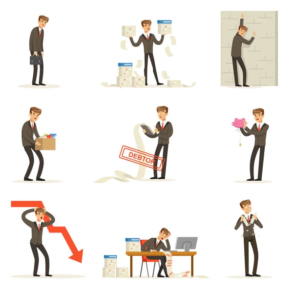 Business Fail And Manager Suffering Loss And Being In Debt Set Of Bankruptcy And Company Failure Vector Illustrations (dalam bahasa Inggris). - Stok Vektor