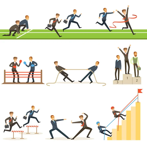 Zakelijke concurrentie Set van illustraties met zakenman uitgevoerd en concurreren In de sport — Stockvector