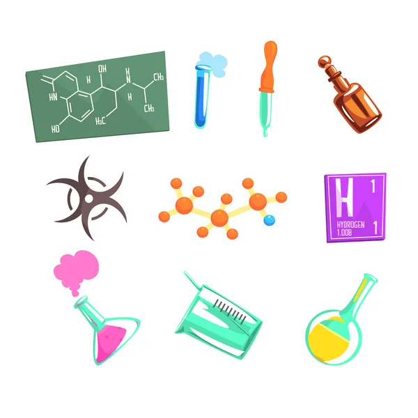Cientista químico e ciência química ícones relacionados e equipamentos experimentais de laboratório — Vetor de Stock