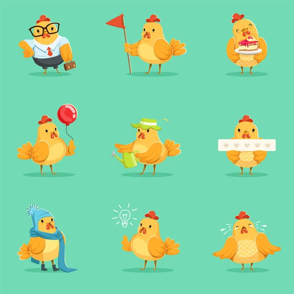 Little Yellow Chicken Chick Different Emotions And Situations Series Of Cute Emoji Illustrations — Stock Vector