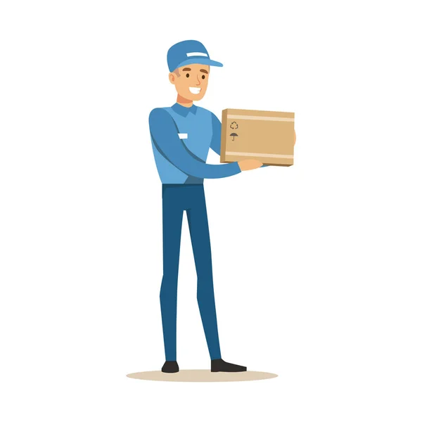 Delivery Service Worker Holding Small Fragile Box, Smiling Courier Delivering Packages Illustration — Stock Vector