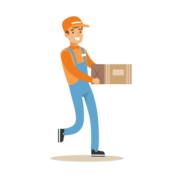 Delivery Service Worker Running Holding Carton Box, Smiling Courier Delivering Packages Illustration — Stock Vector