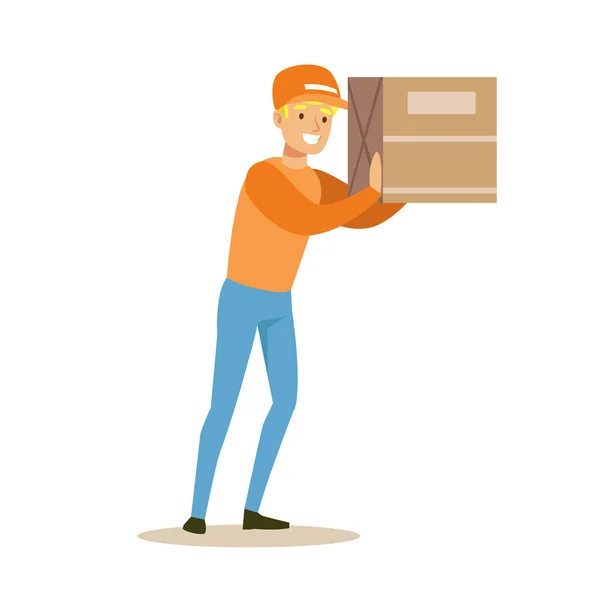 Delivery Service Worker Holding Big Box On The Shoulder, Smiling Courier Delivering Packages Illustration — Stock Vector