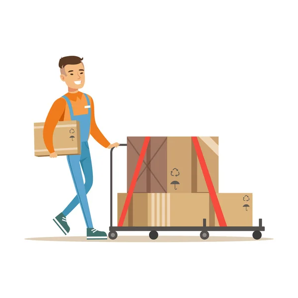 Delivery Service Worker Pushing Loaded Cart, Smiling Courier Delivering Packages Illustration — Stock Vector